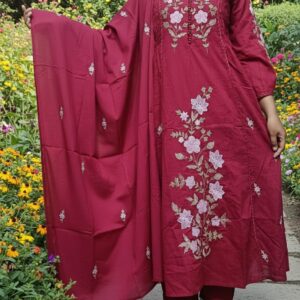 Elegant Maroon Embroidered Long Kurti with Dupatta-3 Piece suit set