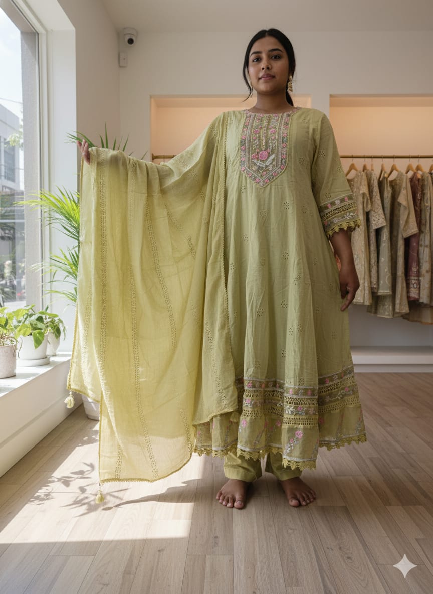 Elegant Pastel Green Embroidered Suit Set