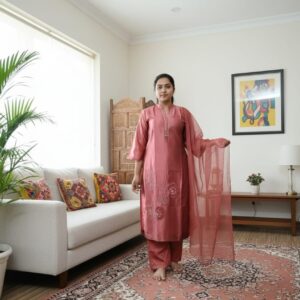 Elegant Rust-Pink Embroidered Suit Set