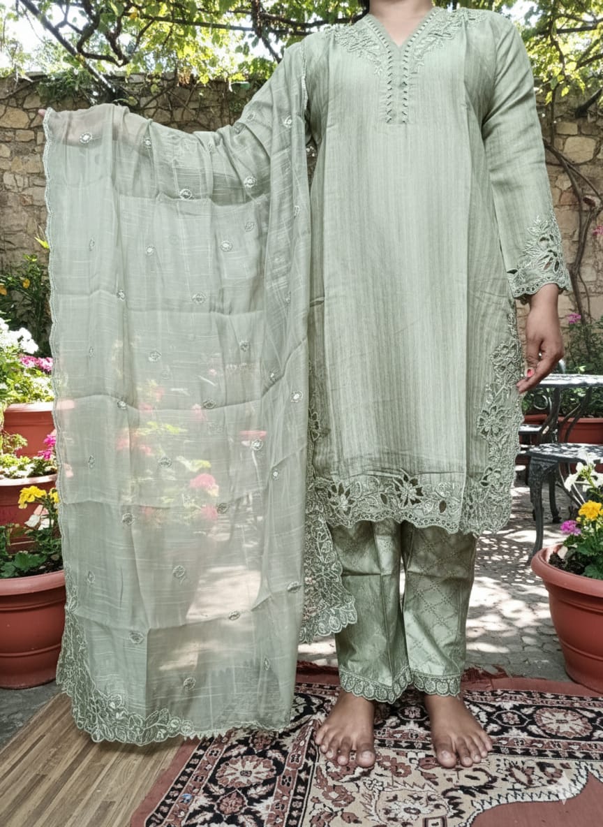 Pastel Green Embroidered 3-Piece Suit Set