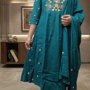 teal green embroidered dress set